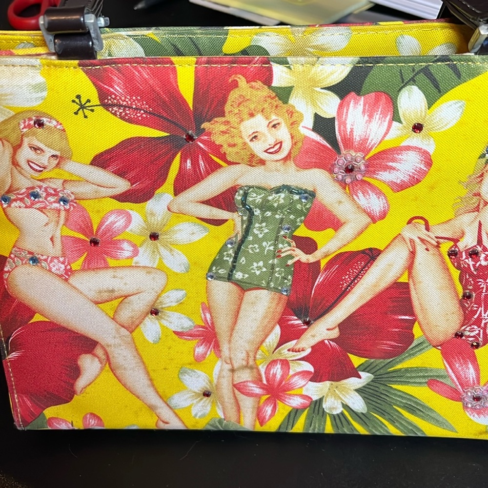 Vintage Hawaiian pin-up girl, bead embellishment, fabric and leather purse